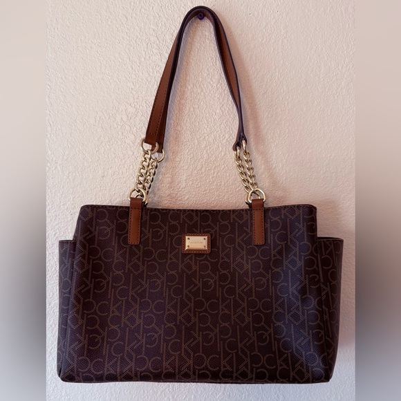 Calvin Klein Women's Brown Monogram Signature Satchel W/ Chain Link Strap (NWOT) - Picture 1 of 8
